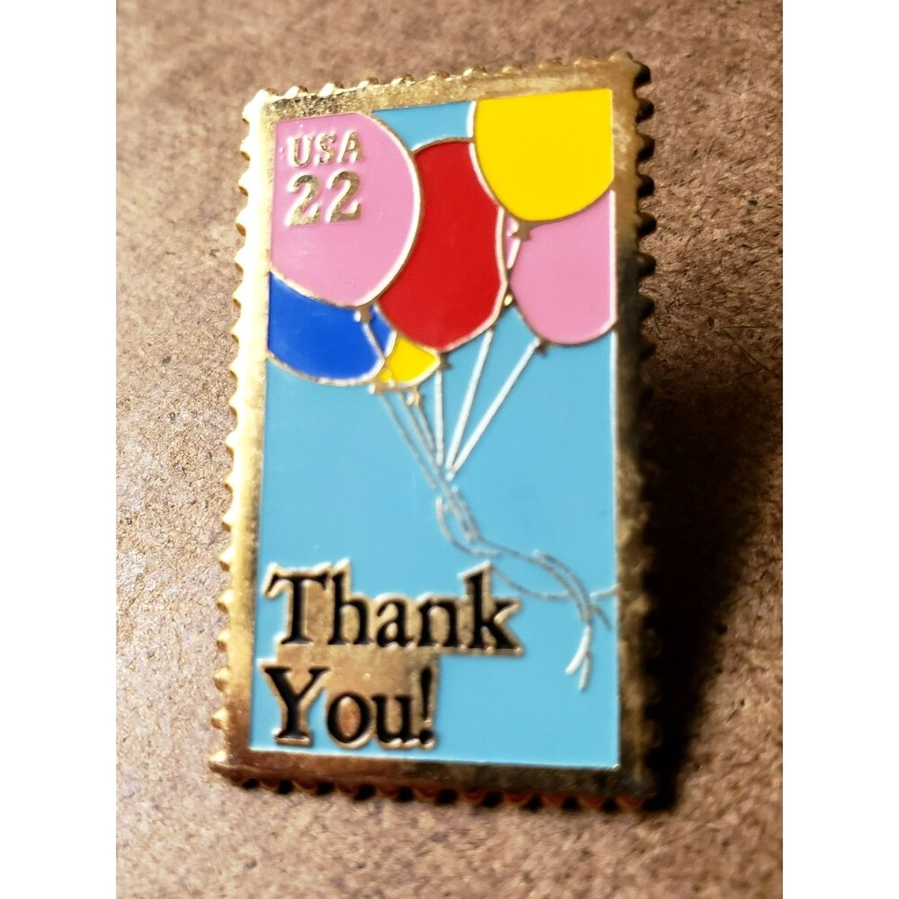 Vintage USA USPS Postal  BALLOONS THANK YOU 22¢ STAMP Metal GOLD Lapel PIN 1980s